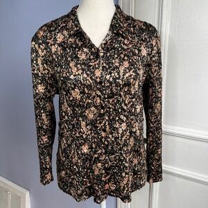 Vintage Y2K East Satin Crinkle Crepe Blouse Floral Sequins Black Pink Womens M/L